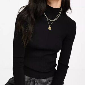 & Other Stories shrunken knit variegated ribbed top with mock neck in black